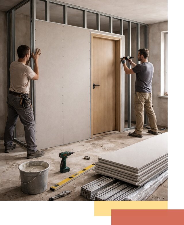 Перегородка из гипсокартона с дверью под ключ в Первоуральске