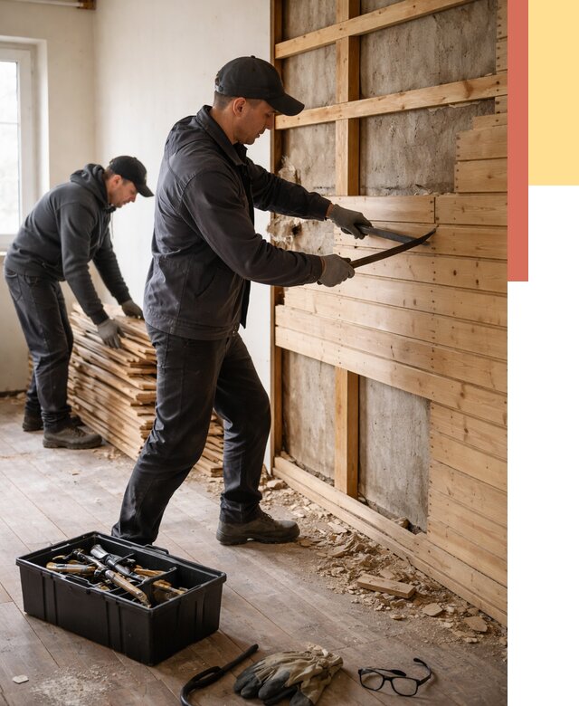 Демонтаж вагонки в Первоуральске от 3911 руб/м2 — быстро и недорого | ОТДЕЛОЧНИК-Прв