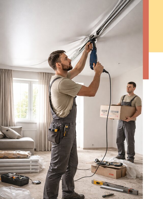 Монтаж сатинового натяжного потолка в Первоуральске от 3603 руб. | Быстро, недорого — ОТДЕЛОЧНИК-Прв