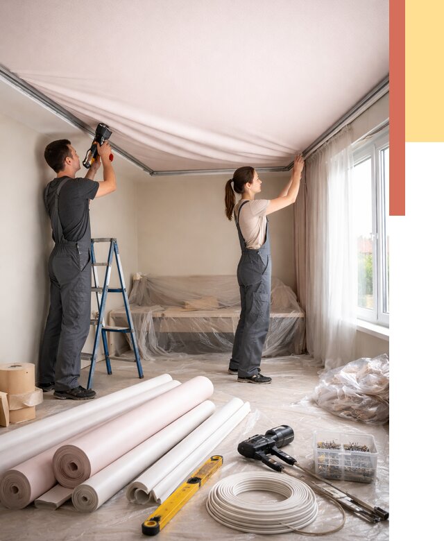 Монтаж цветного натяжного потолка в Первоуральске от 4323 руб/м² — быстро и недорого | ОТДЕЛОЧНИК-Прв