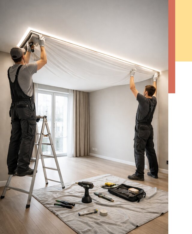 Монтаж парящего натяжного потолка в Первоуральске от 4632 руб. быстро и недорого | ОТДЕЛОЧНИК-Прв