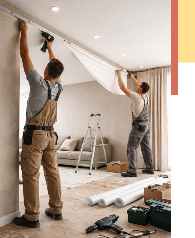 Монтаж натяжного потолка в гостиной в Первоуральске от 566 руб. | ОТДЕЛОЧНИК-Прв