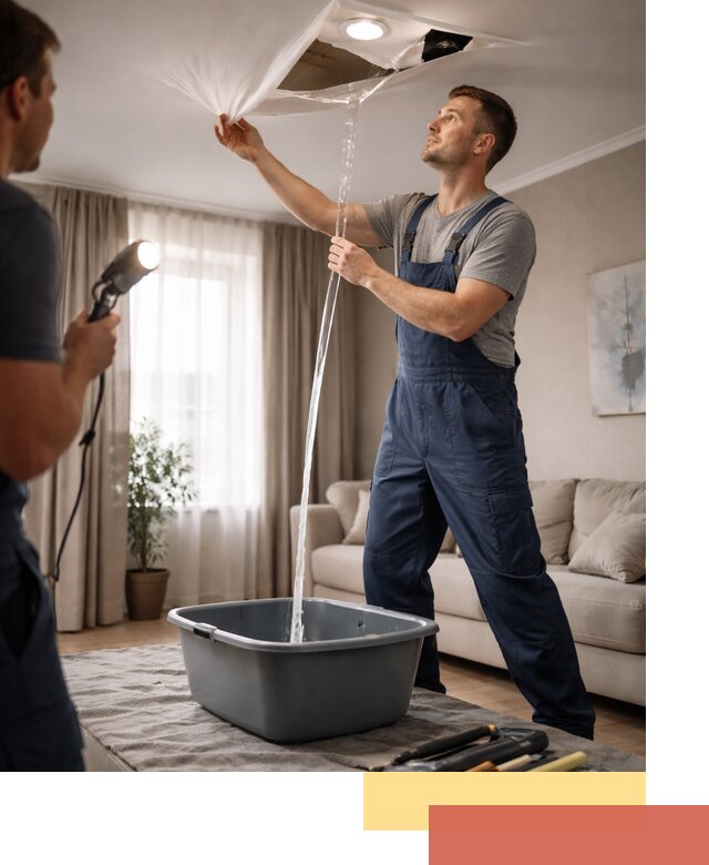 Слив воды с натяжного потолка в Первоуральске быстро и аккуратно