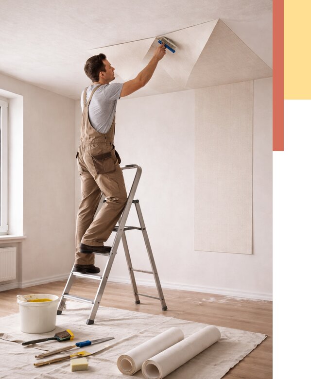 Поклейка обоев на потолок в Первоуральске от 4632 руб. быстро и недорого | ОТДЕЛОЧНИК-Прв